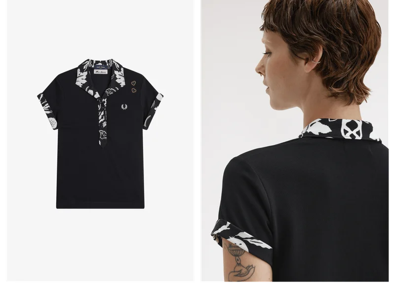 White female model wears an Amy Winehouse Foundation Printed Trim Polo Shirt
