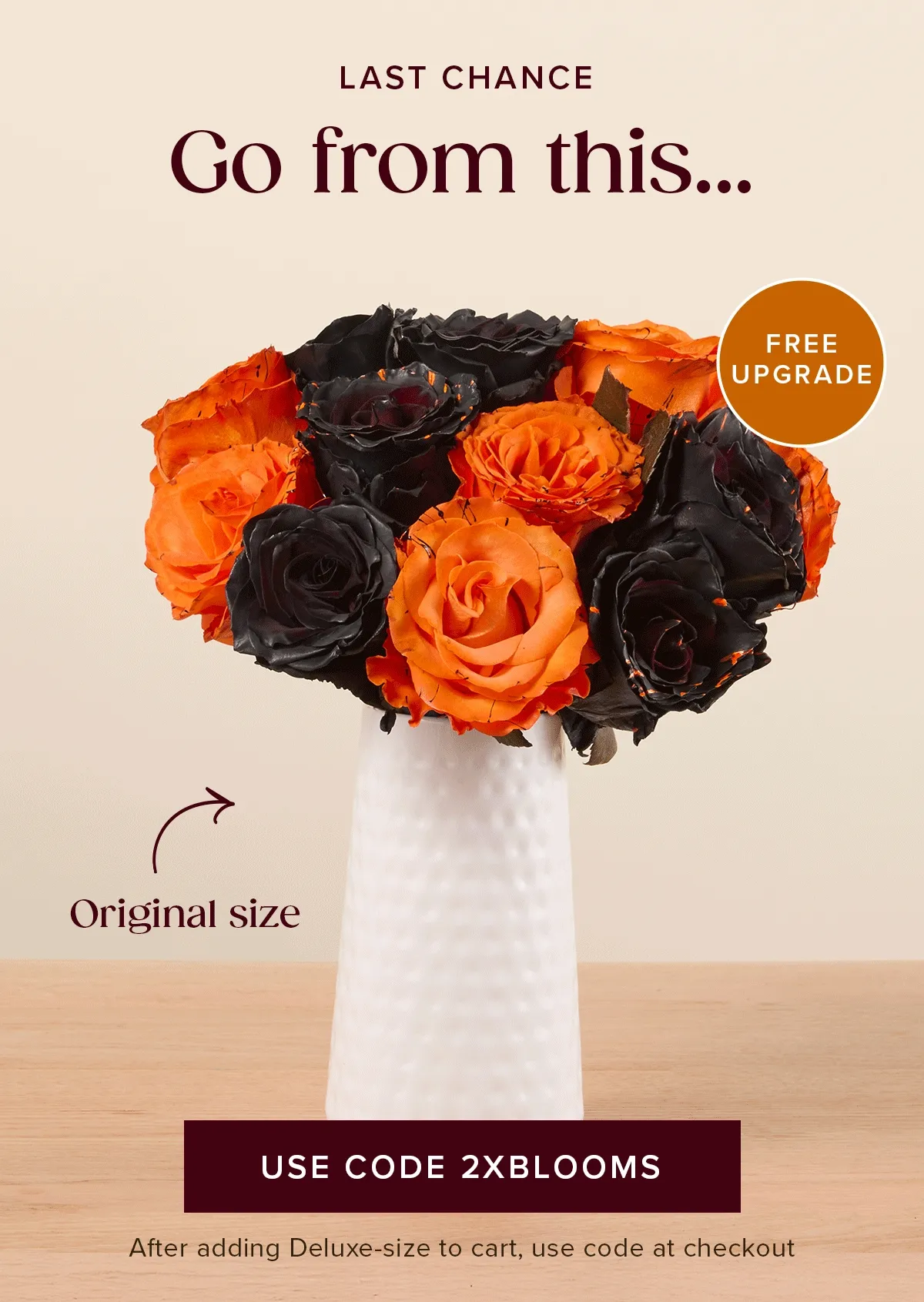 Last Chance for a Free Upgrade! Go from an original size...to a deluxe size for FREE! Must add a Deluxe-size to cart and use code 2XBLOOMS at checkout