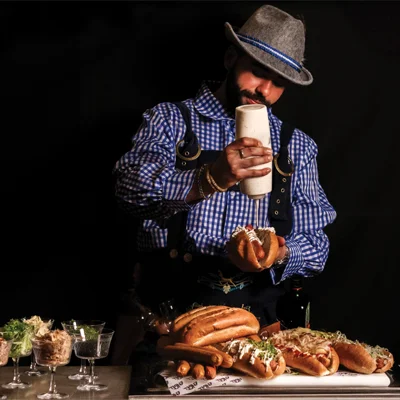Engel in London offers a hot dog trolley of German sausages with toppings like truffle mayo, gruyere, fig jam and crispy onions.