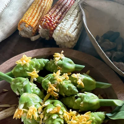 Jose Mes harvests fresh corn and chikay on his farm.