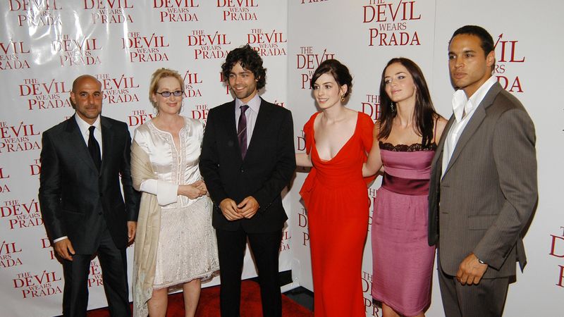 Image may contain: Emily Blunt, Anne Hathaway, Meryl Streep, Adrian Grenier, Fashion, Adult, Person, Premiere, and Wedding