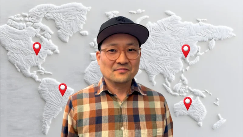 Sundance Collab graphic. Headshot of Gerry Kim against a map of the world.