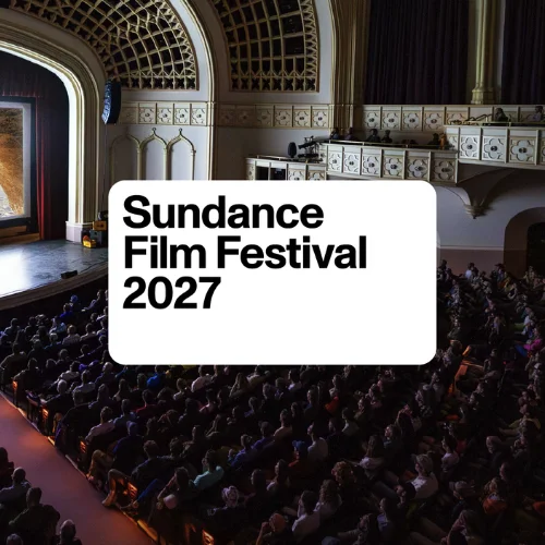 A photo of an interior of a Boulder, CO theater with the 2027 Sundance Film Festival logo overlayed on top.