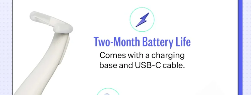 Two-Month Battery Life Comes with a charging base and USB-C cable.