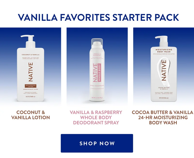 VANILLA FAVORITES STARTER PACK | COCONUT & VANILLA LOTION | VANILLA & RASPBERRY WHOLE BODY DEODORANT SPRAY | COCOA BUTTER & VANILLA 24-HR MOISTURIZING BODY WASH | SHOP NOW