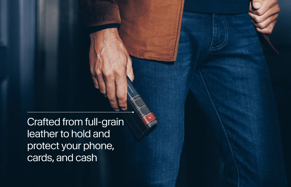 Crafted from full-grain leather to hold and protect your phone, cards, and cash