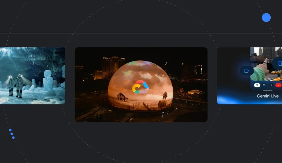 Three images including a finger pointing with the phrase 'Gemini Live', a picture of the Sphere in Las Vegas, and two people walking through a frozen cavern wearing spacesuits and headlamps