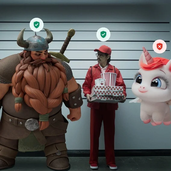 two animated characters and a person stand side by side