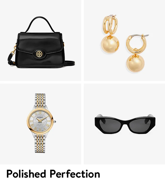 A black crossbody bag, gold drop earrings, a mixed-metal watch and black sunglasses.