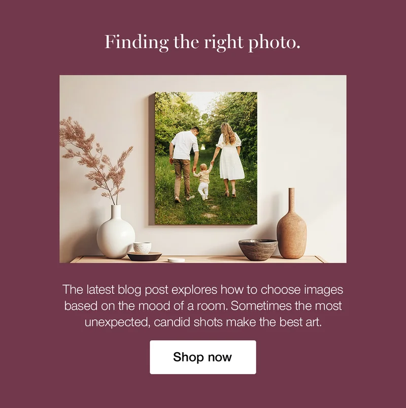 Finding the right photo. The latest blog post explores how to choose images based on the mood of a room. Sometimes the most unexpected, candid shots make the best art.