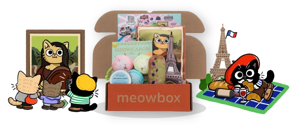 Image of the Playtime in Paris meowbox (featuring toys like the Meowcaron Catnip Chaser, Meowna Lisa Catnip Scratcher, La Tour Sniffel Catnip Toys and more)