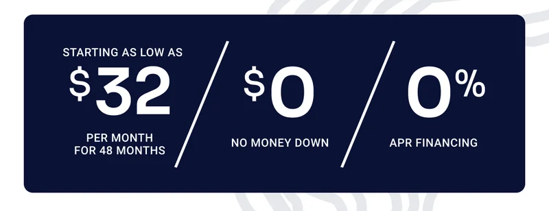 Starting as low as $32 per month for 48 months. $0 no money down. 0% APR financing