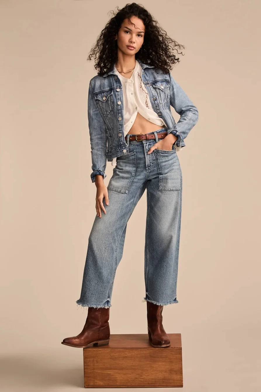 Image of Lucky Brand Lucky Legend Patch Pocket Wide Leg Crop - Women's Pants Denim Wide Leg Jeans in Tough Luck