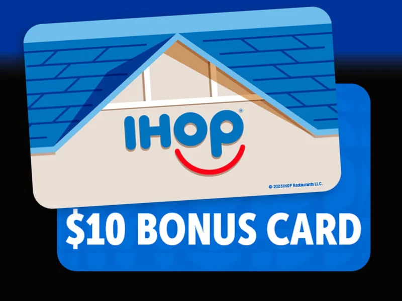 An illustration of an IHOP Gift Card featuring an IHOP restaurant, with a $10 Bonus Card behind it.