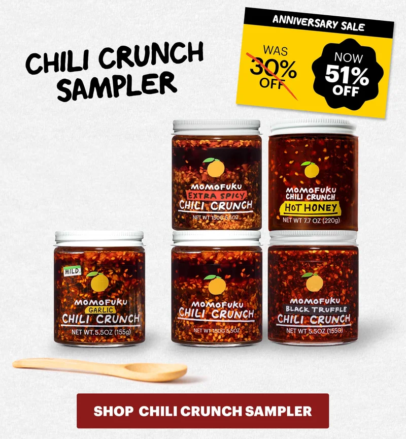 Header: Chili Crunch Sampler (30% now 51%) CTA: SHOP CHILI CRUNCH SAMPLER