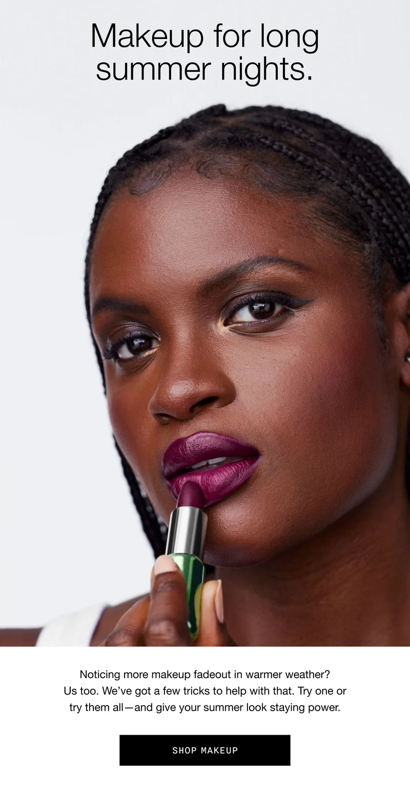 Makeup for long summer nights. | Noticing more makeup fadeout in warmer weather? Us too. We’ve got a few tricks to help with that. Try one or try them all—and give your summer look staying power. | Shop Makeup