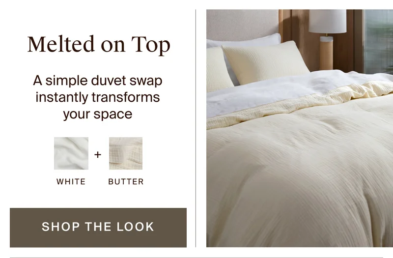 Butter textured duvet cover and shams with white linen sheeting. Shop the look