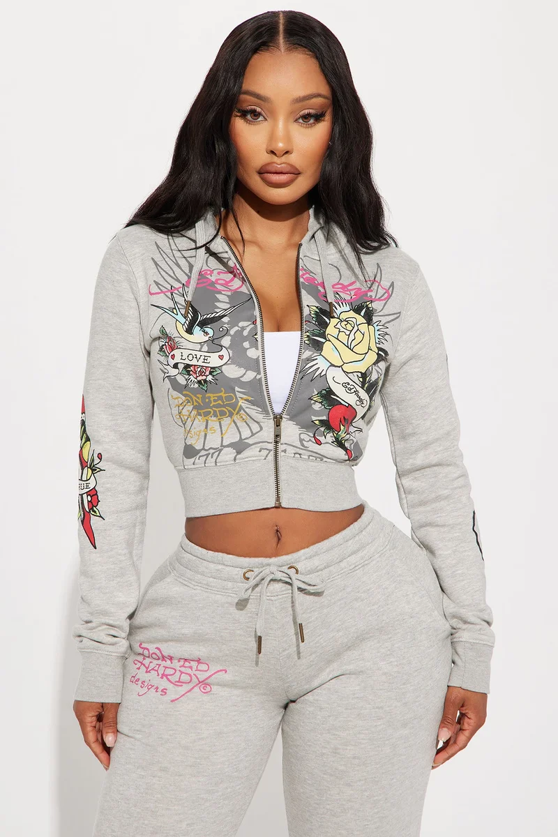 Image of Ed Hardy Rose And Sword Zip Front Hoodie - Heather Grey