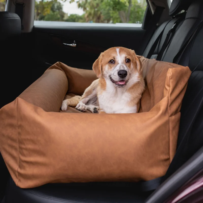 Image of PupProtector™ Faux Leather Memory Foam Dog Car Bed - Camel