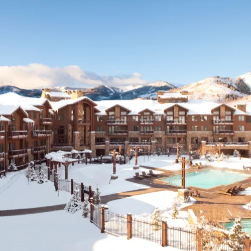 Still of hotel covered in snow.
