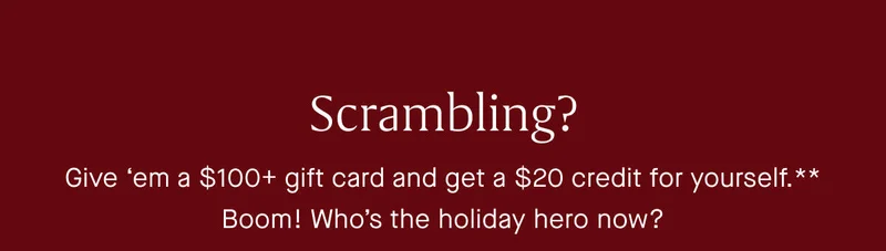 Scrambling? Give ‘em a $100+ gift card and get a $20 credit for yourself. Boom! Who’s the holiday hero now?