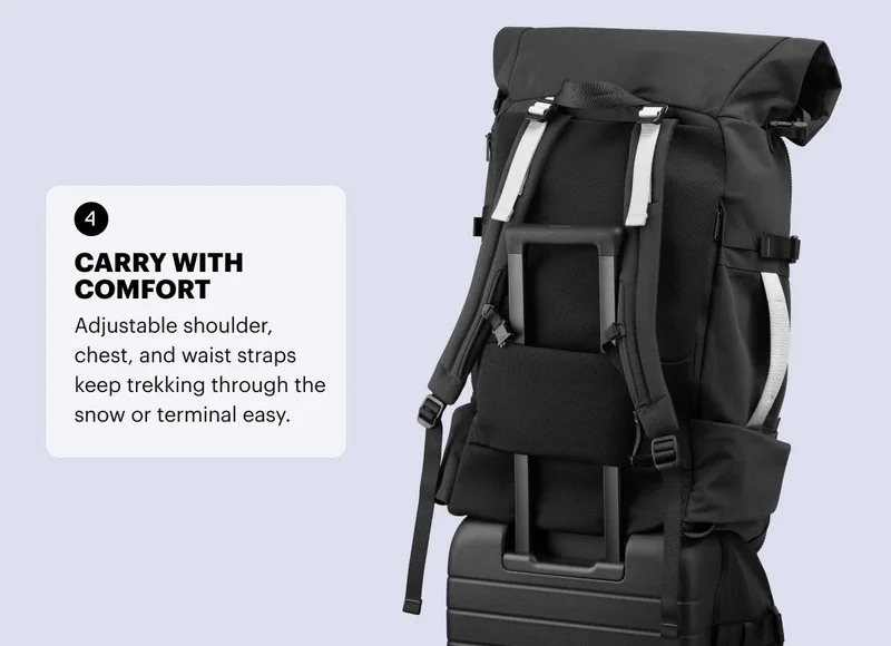 Carry-on with comfort. Adjustable shoulder, chest, and waist straps keep trekking through the snow or terminal easy.