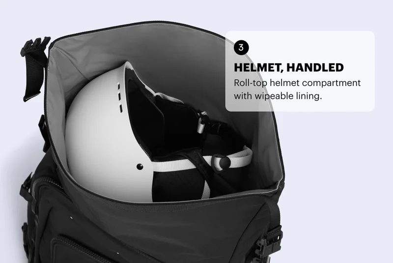 Helmet, handled. Roll-top helmet compartment with wipeable lining.