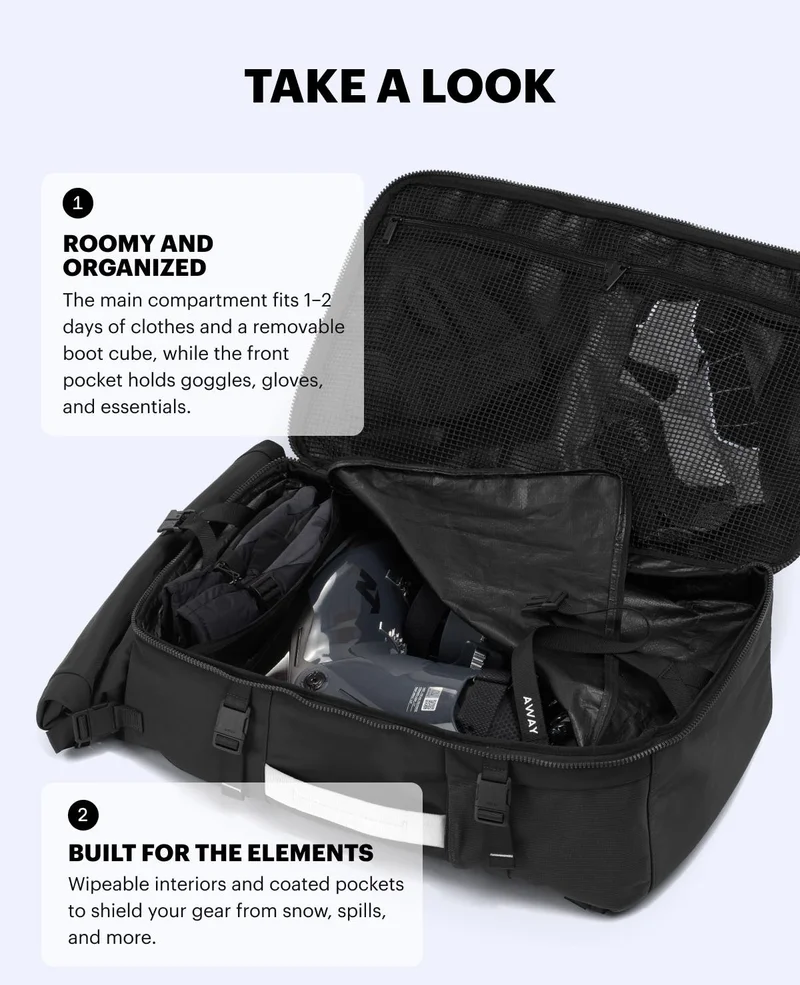 Take a look: Roomy and organized. The main compartment fits 1–2 days of clothes and a removable boot cube, while the front pocket holds goggles, gloves, and essentials. Built for the elements. Wipeable interiors and coated pockets to shield your gear from snow, spills, and more.