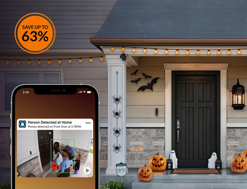 Save up to 63%. A phone overlays a house decorated for Halloween with a simulated screen image that depicts an Arlo Secure notification that reads: Person Detected at Home, Person detected at Front Door at 2:18PM next to a point-of-view image depicting a group of kids in Halloween costumes waiting at the front door.