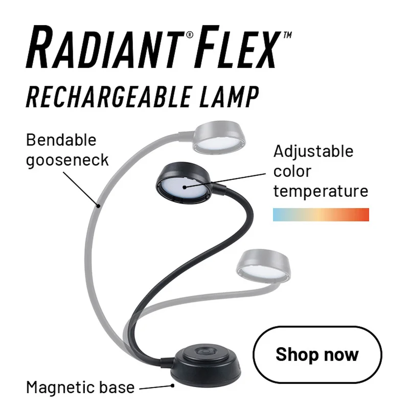 Radiant® Flex™ Rechargeable Lamp Bendable gooseneck Magnetic base Adjustable color temperature