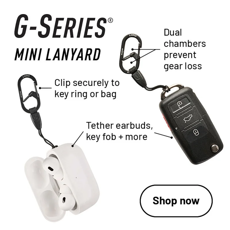 G-Series® Mini Lanyard Tether earbuds, key fob + more Clip securely to key ring or bag Dual chambers prevent gear loss