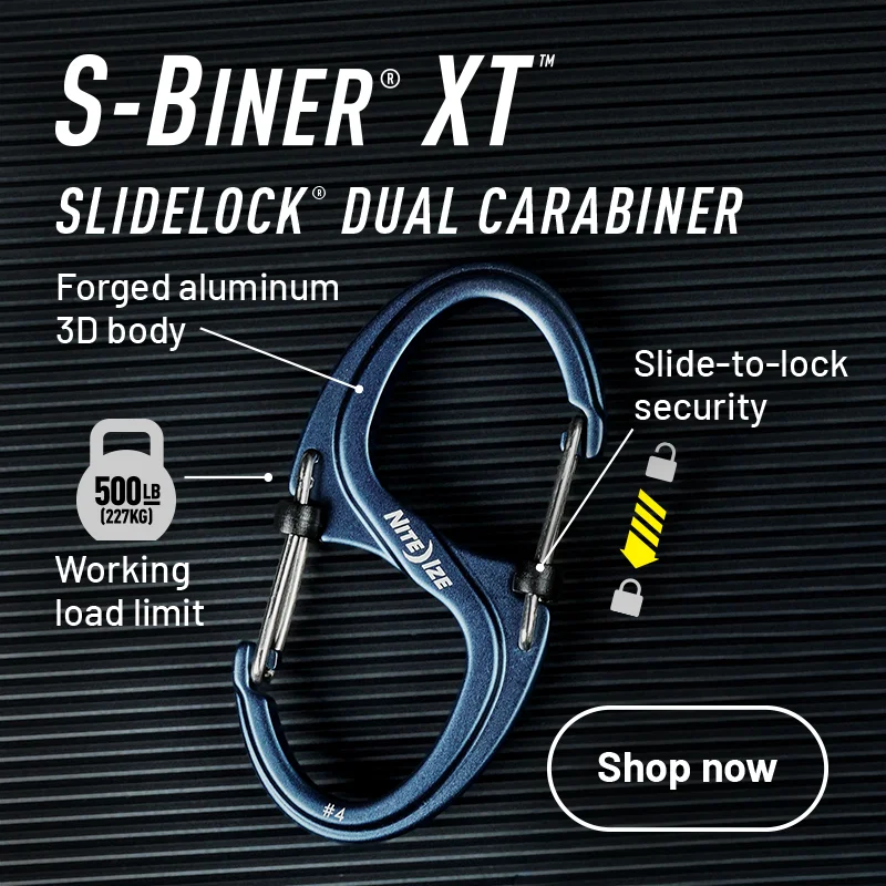 S-Biner® XT™ SlideLock® Dual Carabiner Forged aluminum 3D body 500 lb. working load limit Slide-to-lock security