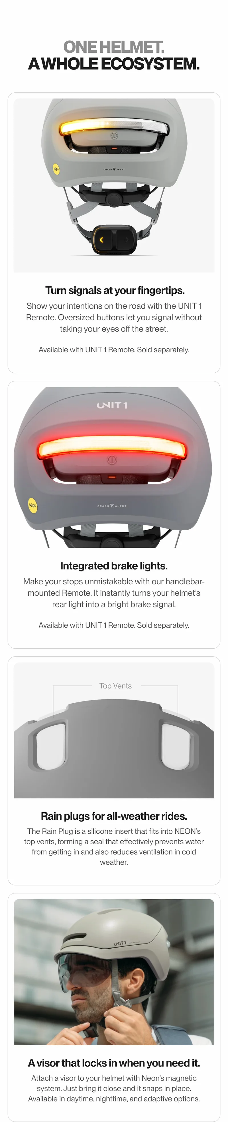 UNIT 1 NEON Smart Helmet ecosystem — featuring turn signals, brake lights, rain plugs, and magnetic visor.