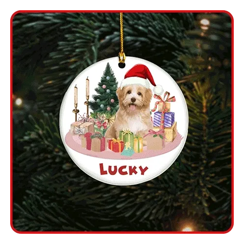gif of custom pet face ornament hanging on a tree