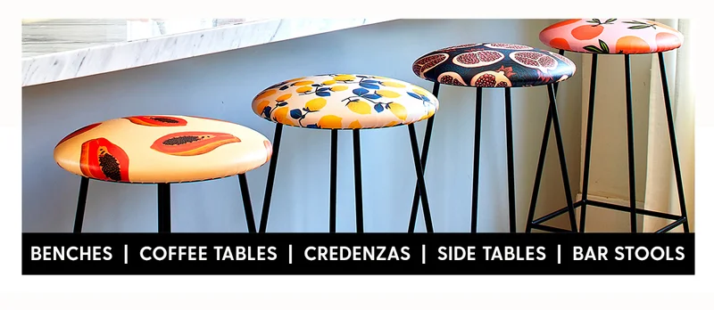 Shop Benches, Coffee Tables, Credenzas, Side Tables, and Bar Stools.