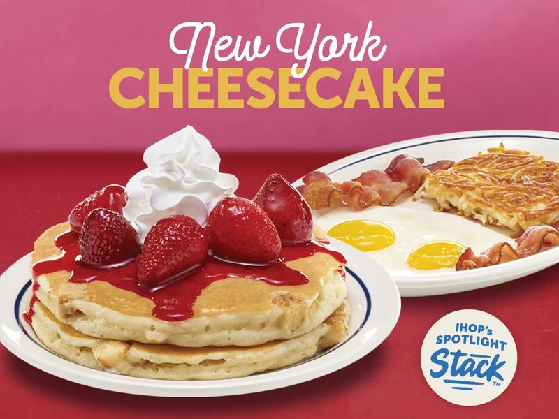 New York Cheesecake Pancakes with strawberries and whipped topping are on a plate, with a second plate of eggs over easy, hashbrowns, and bacon.