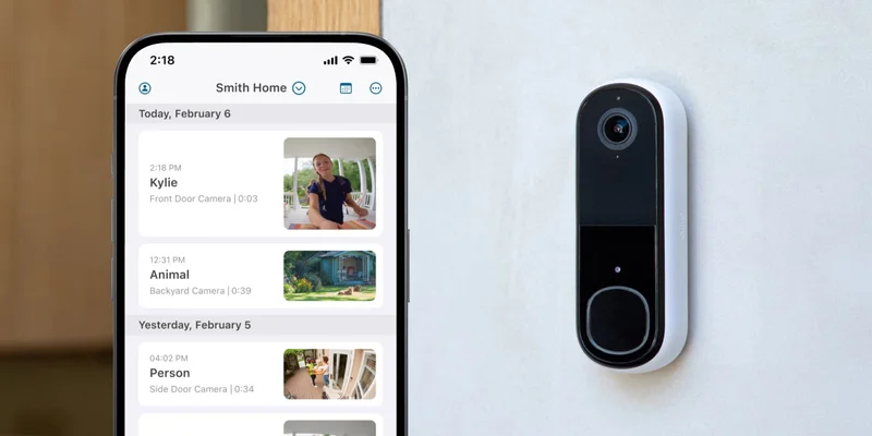 Arlo 2K Video Doorbell next to a phone with a simulated Arlo screen image showing a the event feed in the Arlo Secure app.