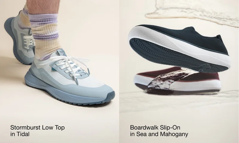 Stormburst Low Top in Tidal. Boardwalk Slip-On in Sea and Mahogany.