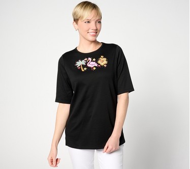 Quacker Factory Appliqued Hot Summer Elbow Sleeve Top