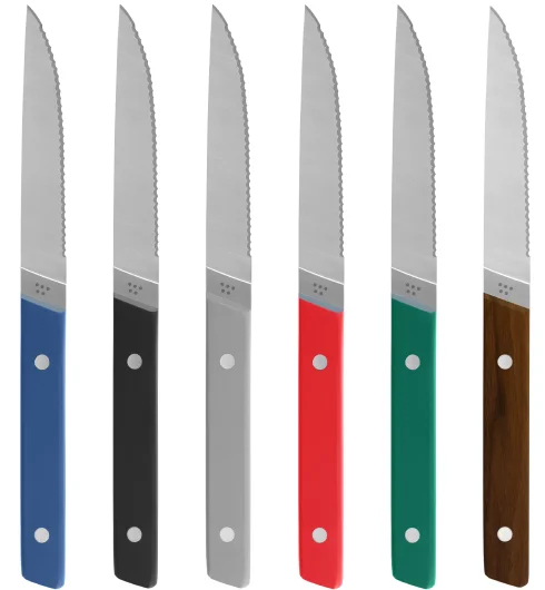 Misen steak knives. Blue, black, gray, red, green, walnut