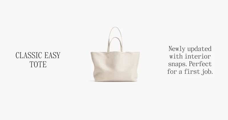 CLASSIC EASY TOTE Newly updated with interior snaps. Perfect for a first job.
