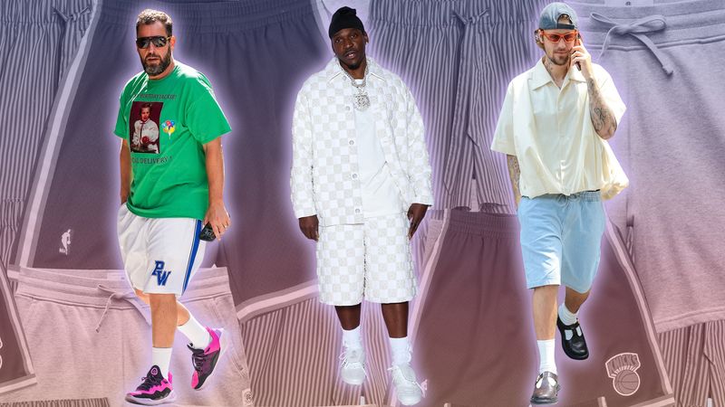 Image may contain: Adam Sandler, Pusha T, Clothing, Shorts, T-Shirt, Footwear, Shoe, Sneaker, Shirt, Adult, Person, and Hat