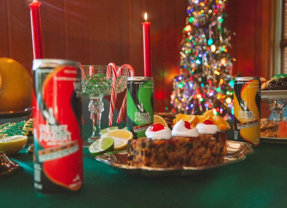 Wild Hare cans on a table during a Christmas dinner