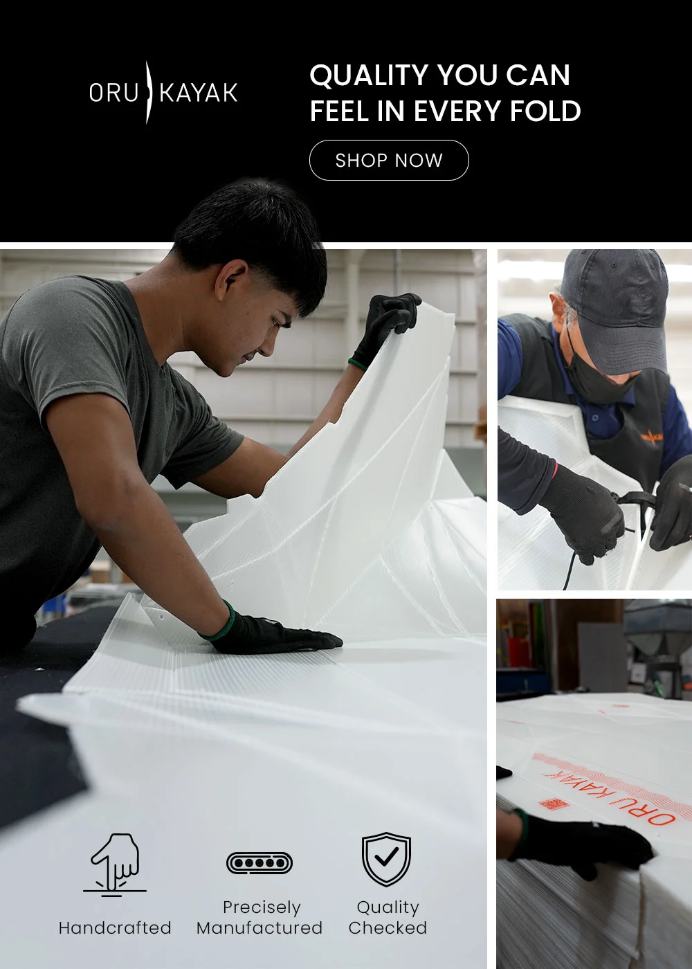 Oru Kayak factory worker carefully folding a white corrugated kayak hull by hand, showcasing precision craftsmanship. Shop Now. Oru Kayak factory worker carefully folding a white corrugated kayak hull by hand, showcasing precision craftsmanship. Shop Now.