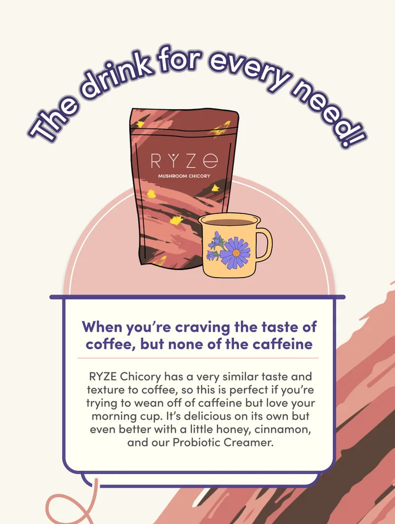 The drink for every need! | When you’re craving the taste of coffee, but none of the caffeine RYZE Chicory has a very similar taste and texture to coffee, so this is perfect if you’re trying to wean off of caffeine but love your morning cup. It’s delicious on its own but even better with a little honey, cinnamon, and our Probiotic Creamer.