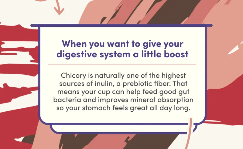 When you want to give your digestive system a little boost Chicory is naturally one of the highest sources of inulin, a prebiotic fiber. That means your cup can help feed good gut bacteria and improves mineral absorption so your stomach feels great all day long.