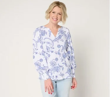 Belle by Kim Gravel Slub Knit Smocked Sleeve Printed Top