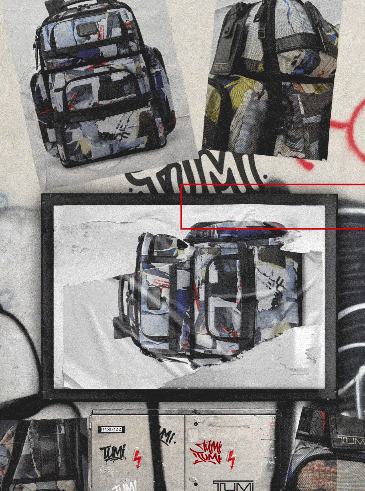 This season's graphic print appears torn, showcasing TUMI ads that could have been, representing the dynamic nature of NYC's wild postings.