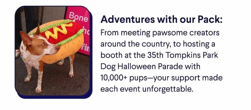 Header: Adventures with our Pack. Text: From meeting pawsome creators around the country, to hosting a booth at the 35th Tompkins Park Dog Halloween Parade with 10,000+ pups—your support made each event unforgettable.