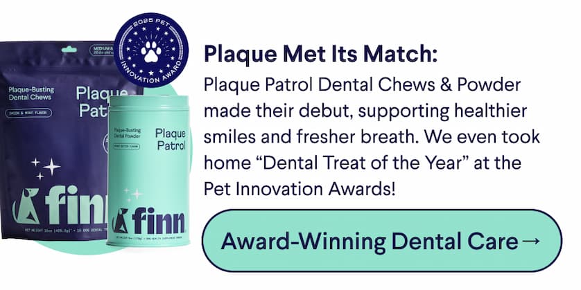 Header: Plaque Met Its Match. Text: Plaque Patrol Dental Chews & Powder made their debut, supporting healthier smiles and fresher breath. We even took home “Dental Treat of the Year” at the Pet Innovation Awards! CTA: Award-Winning Dental Care→